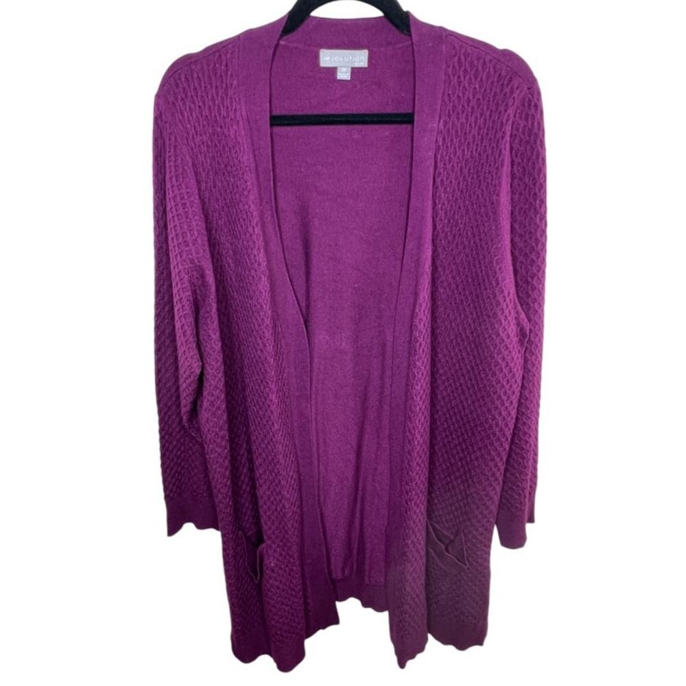 Evolution By Cyrus Sweater Cardigan Open Front Burgundy Red Waffle Plus 2X
